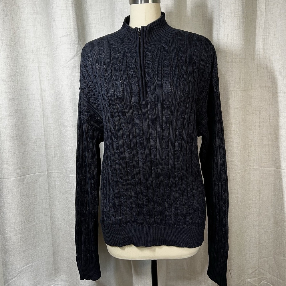 Slazenger Golf Collection Navy Blue 1/4 Zip Cable‎ Knit Pullover Sweater Large